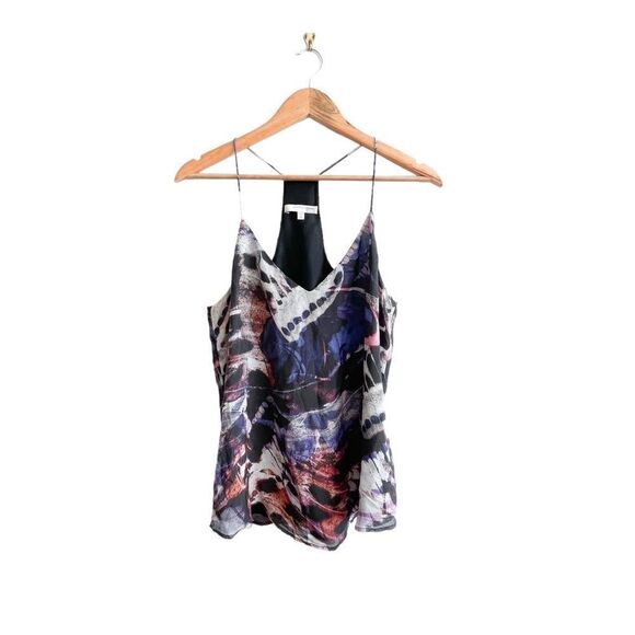 Lavender Brown 100% Silk Spaghetti Strap Racer Back Tank Top Black Abstract M - Picture 1 of 7
